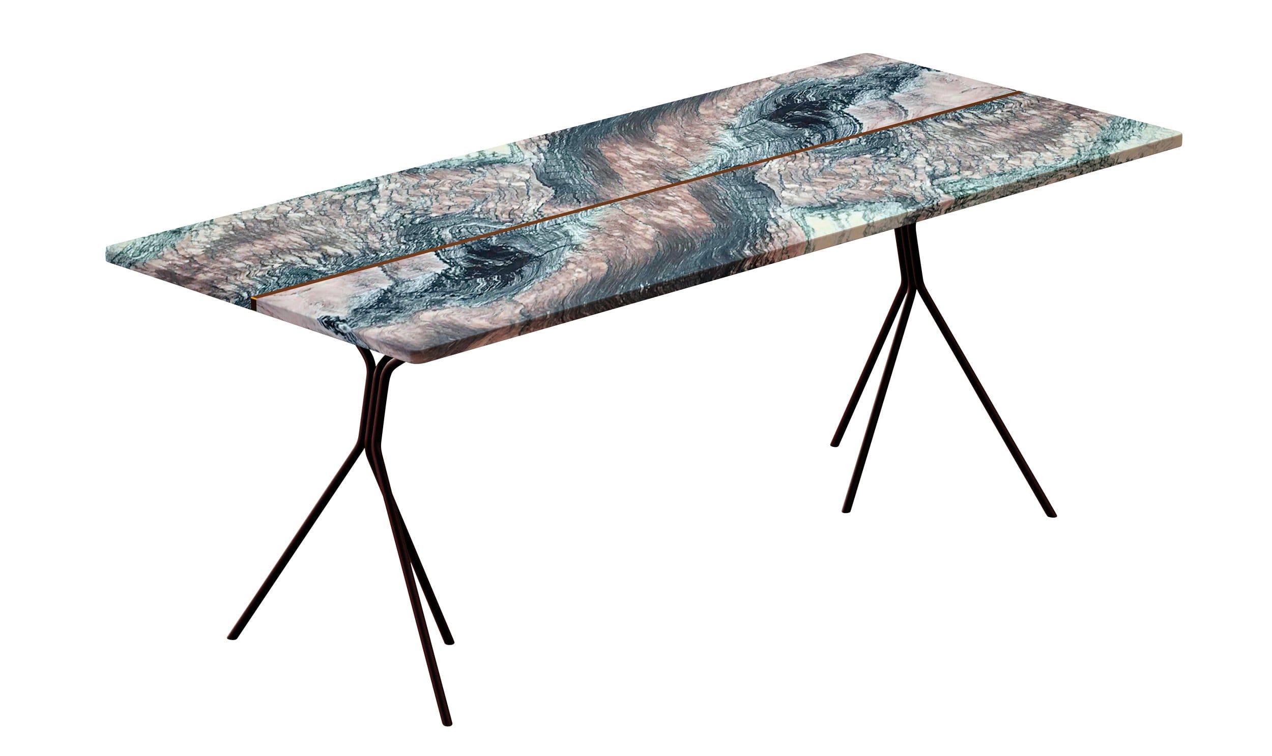 Modern table with a unique abstract design on the tabletop, featuring intricate patterns and sleek, black metal legs.