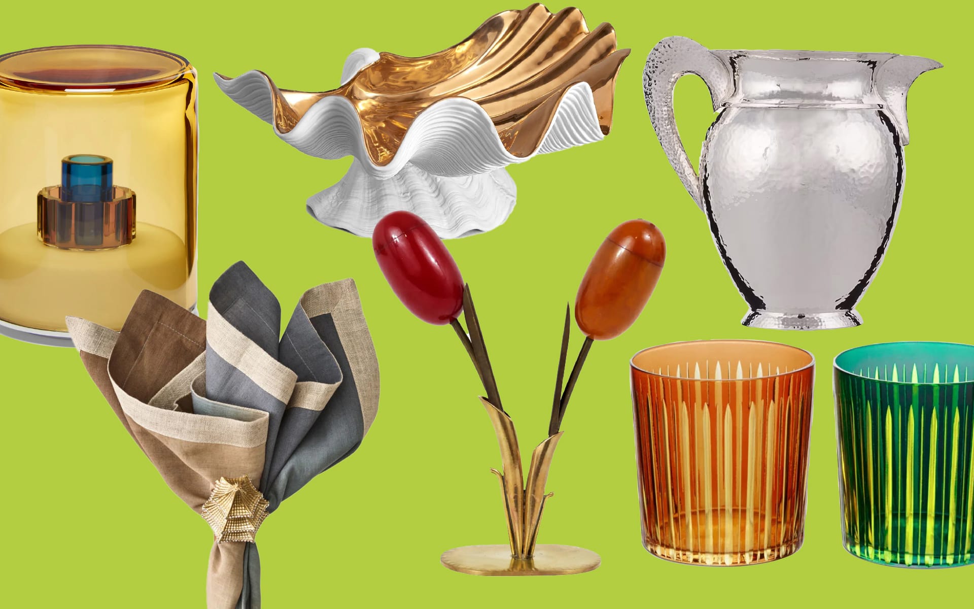 Colorful assortment of decorative home items including vases, bowls, glasses, and a pitcher on a lime green background.