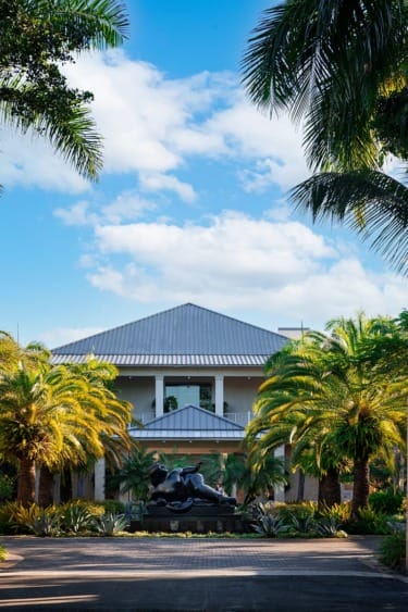 Tropical building surrounded by palm trees under a bright blue sky with some clouds.