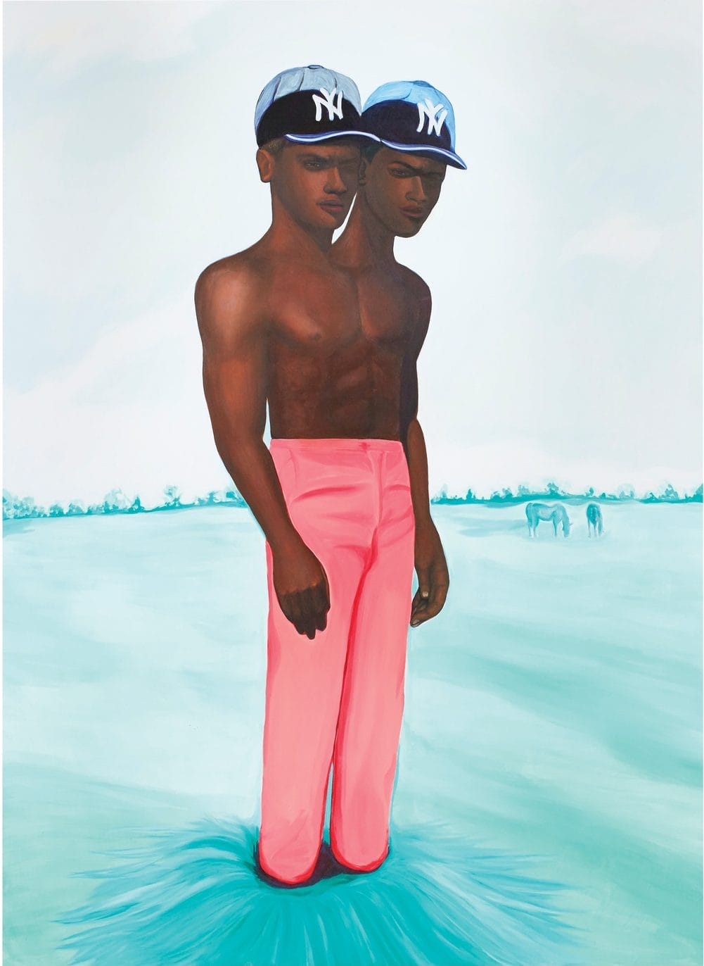 Painting of a two-headed figure wearing bright pink pants and baseball caps standing in a surreal landscape.