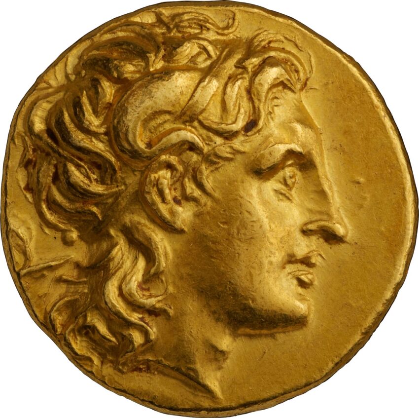 Ancient gold coin depicting a profile of a man with curly hair, worn features, and detailed craftsmanship.