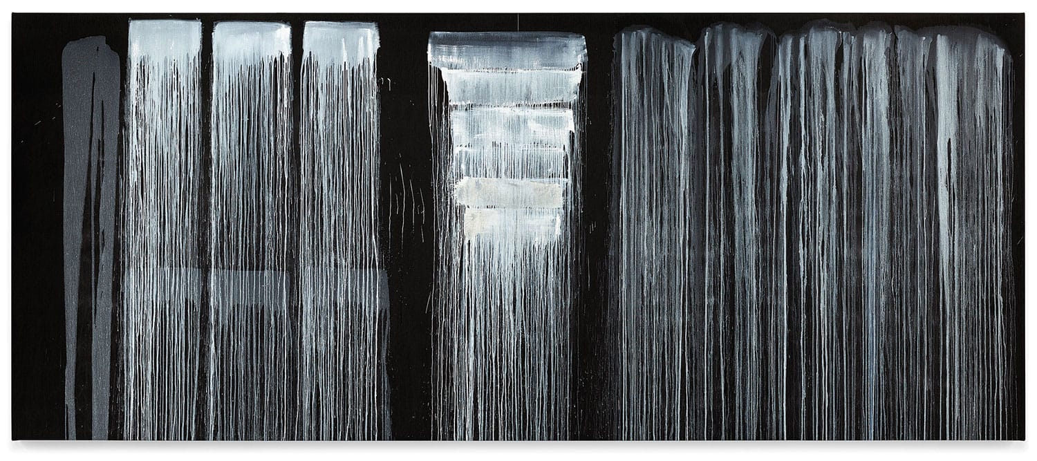 Abstract painting with vertical streaks of white and blue on a dark background, creating a waterfall-like effect.