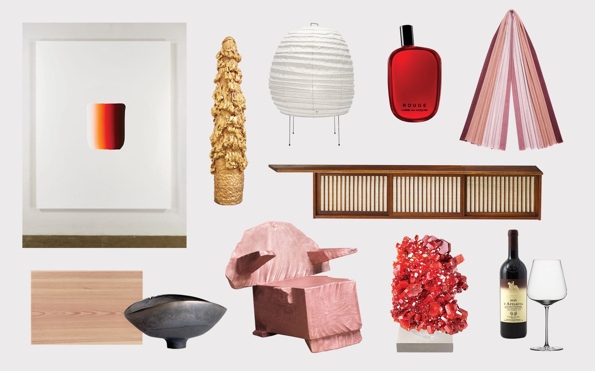 Various artistic and decorative objects including furniture, lamps, wall art, sculptures, and a wine bottle with a glass.
