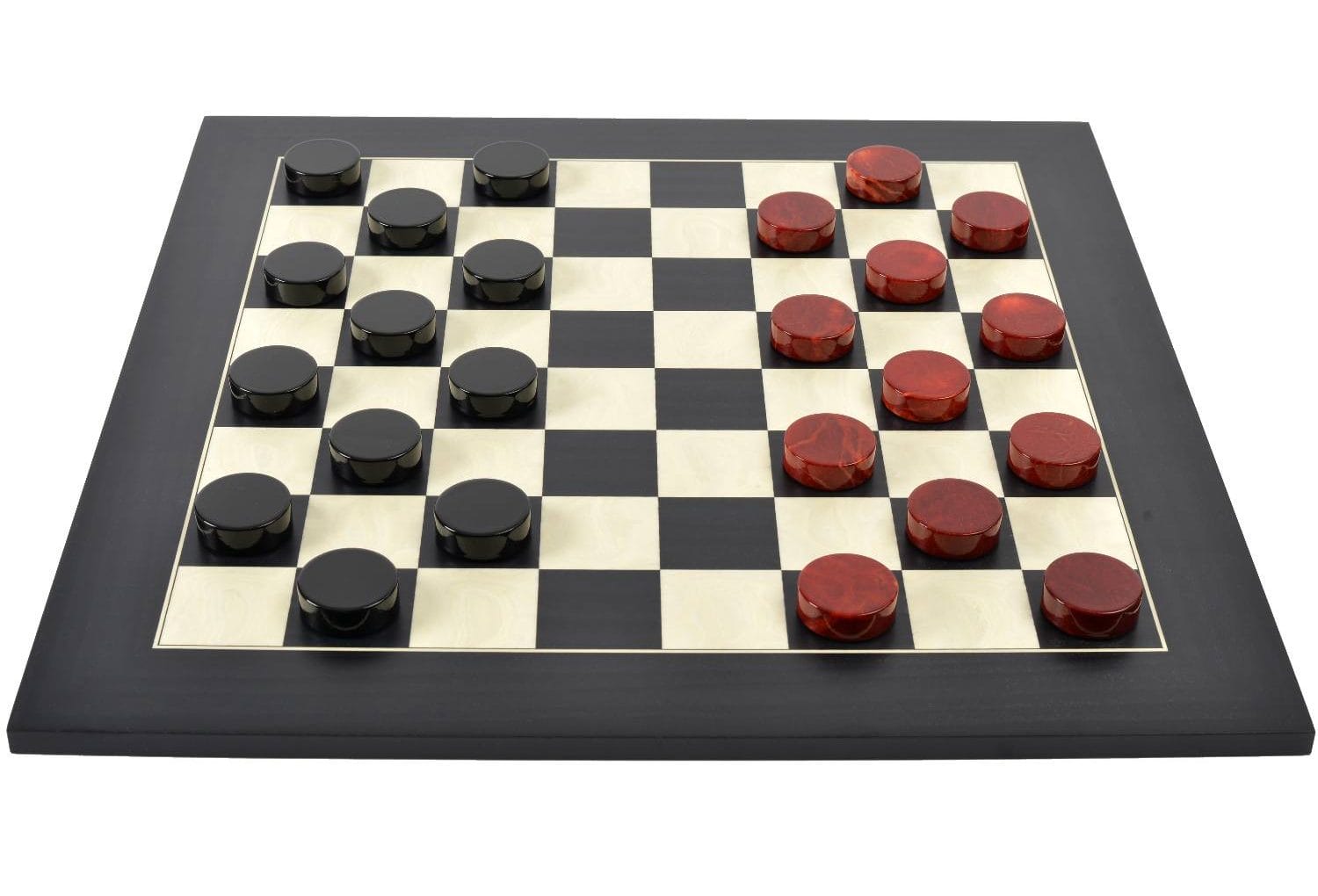 Checkers board game with black and red pieces set up for a match on a checkered board.