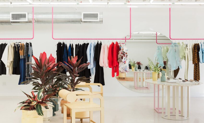 Colorful clothing and plants in a modern boutique with minimalist decor and seating.