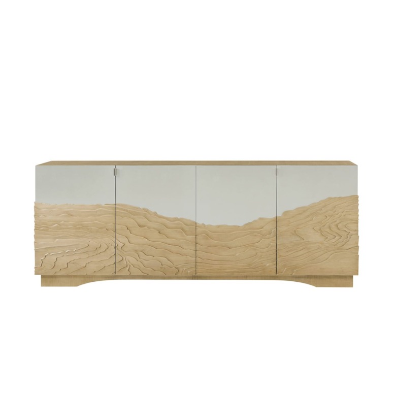 Modern wooden sideboard with wave-like carved details on doors, showcasing light wood material and sleek design.