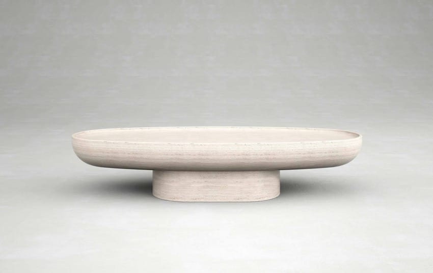 Modern minimalist wooden bowl with a wide, flat shape on a short cylindrical base against a neutral background.