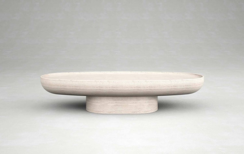 Modern minimalist wooden bowl with a wide, flat shape on a short cylindrical base against a neutral background.