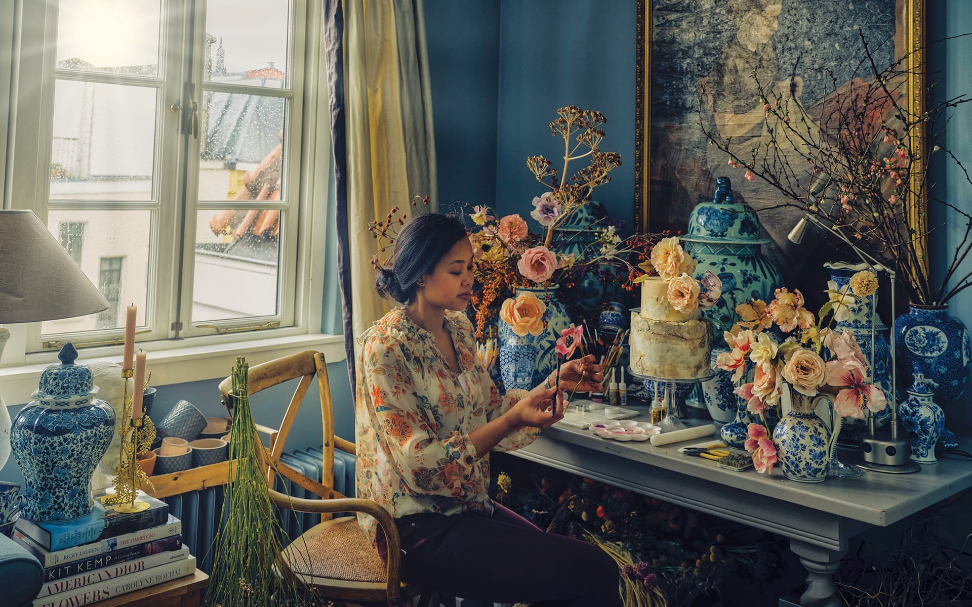 Natasja Sadi at work on a sugar flower arrangement in her Amsterdam studio.