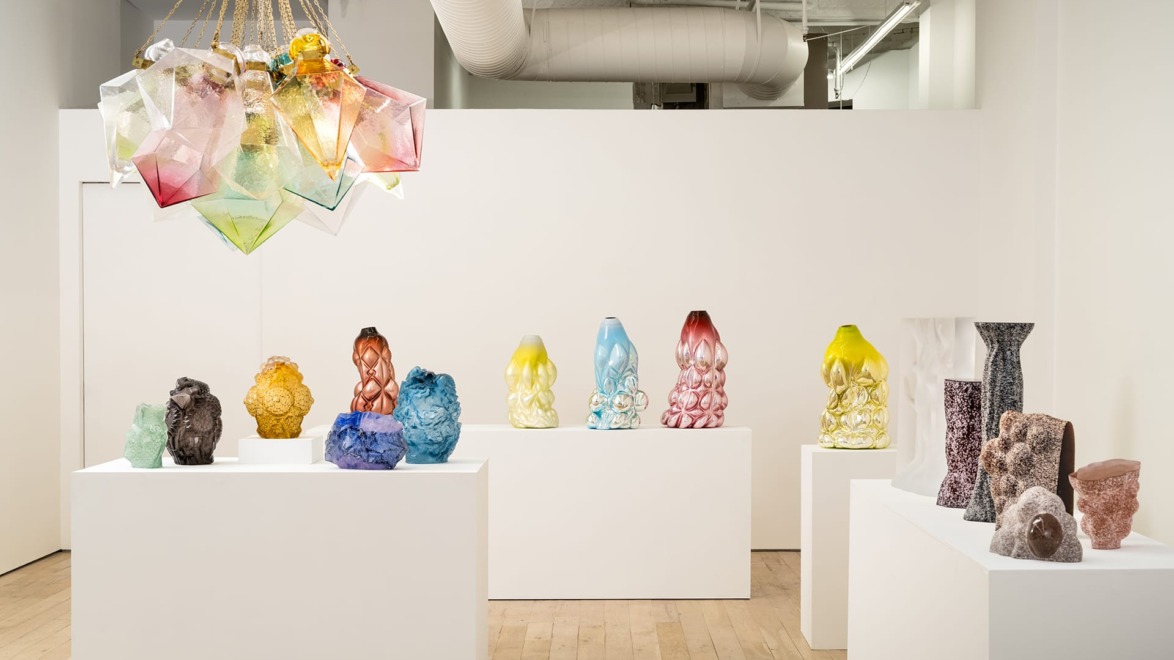 Collectible design works by Stine Bidstrup, Lene Bødker, Frida Fjellman, Hanna Hansdotter, and Maria Koshenkova on display at the Summer Group Show at HB381 Gallery in New York City.