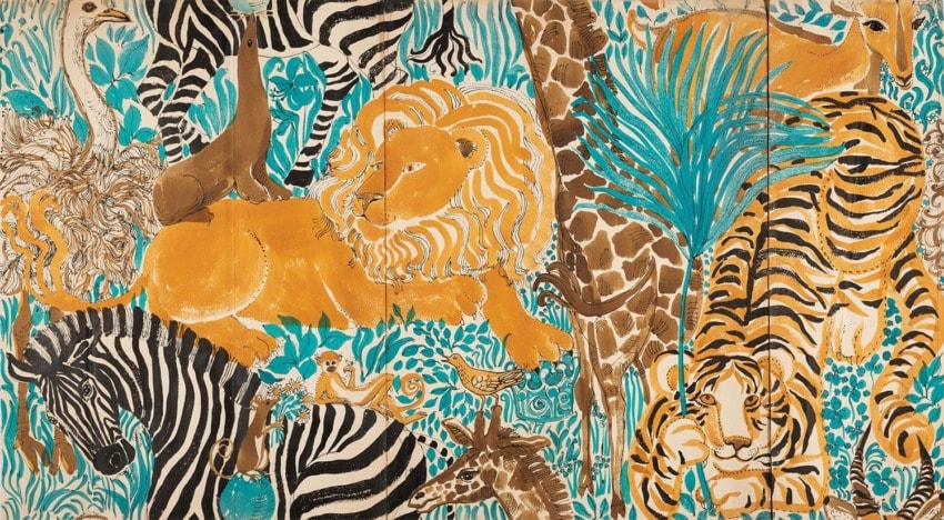 Illustration of diverse wild animals including a lion, zebra, tiger, and giraffe with vibrant blue and orange patterns.