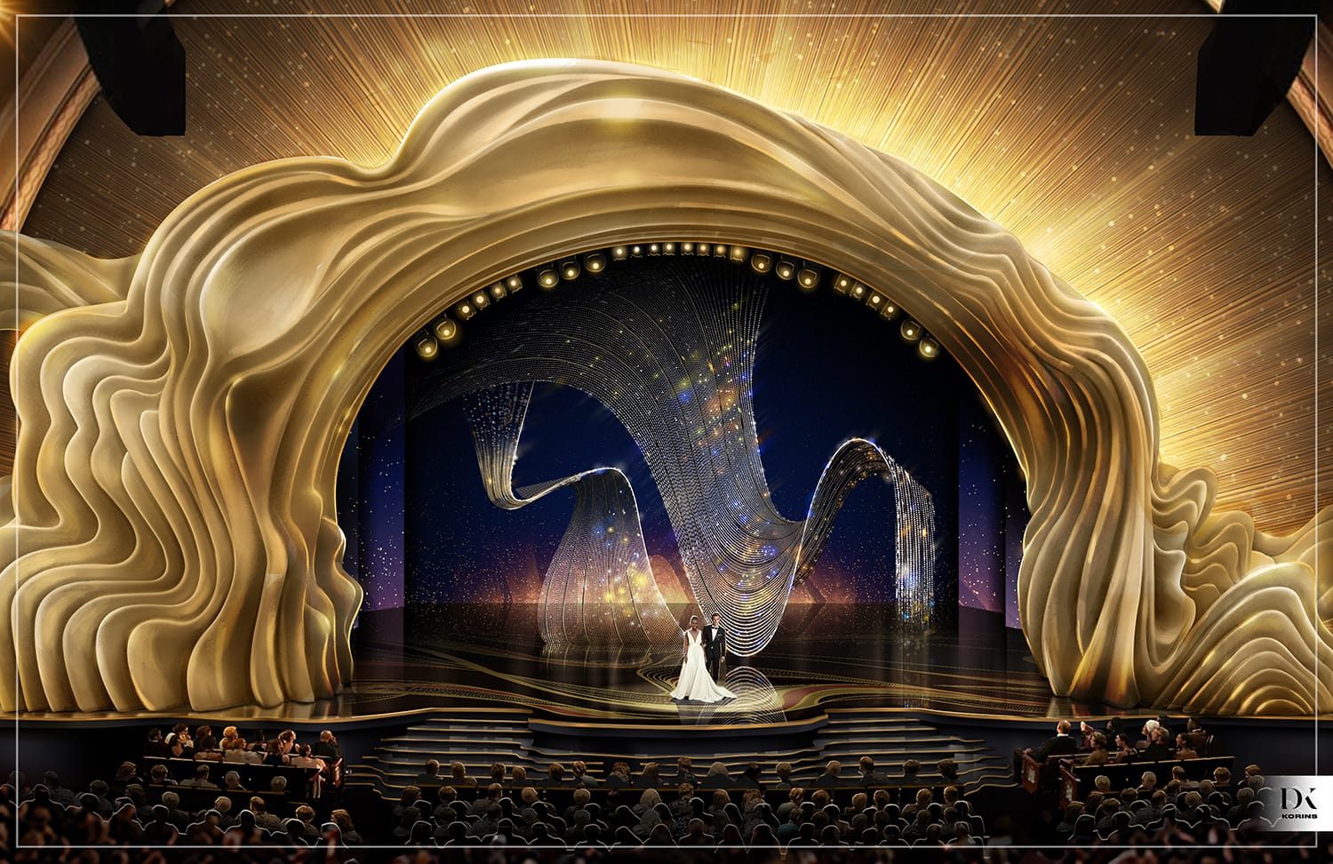 Golden wave stage with ornate backdrop at a glamorous event, featuring people standing in the center with an audience watching.