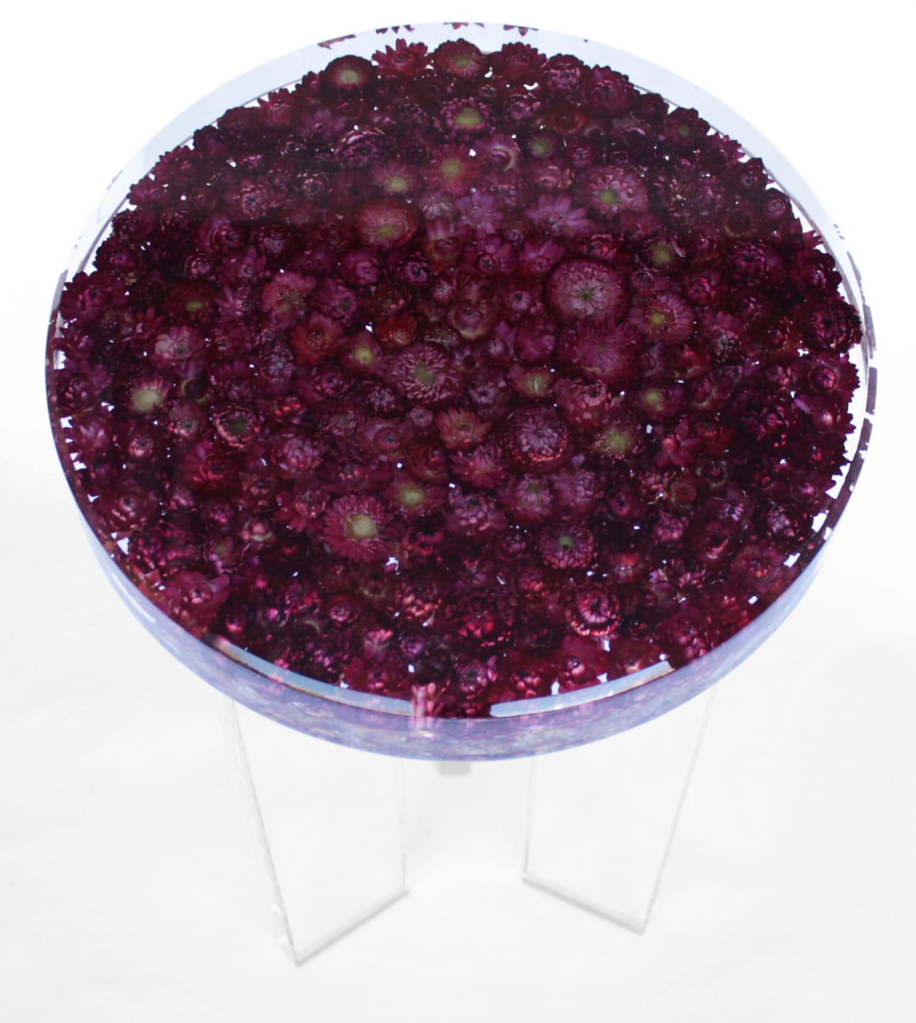 Clear table topped with embedded purple flowers viewed from above.
