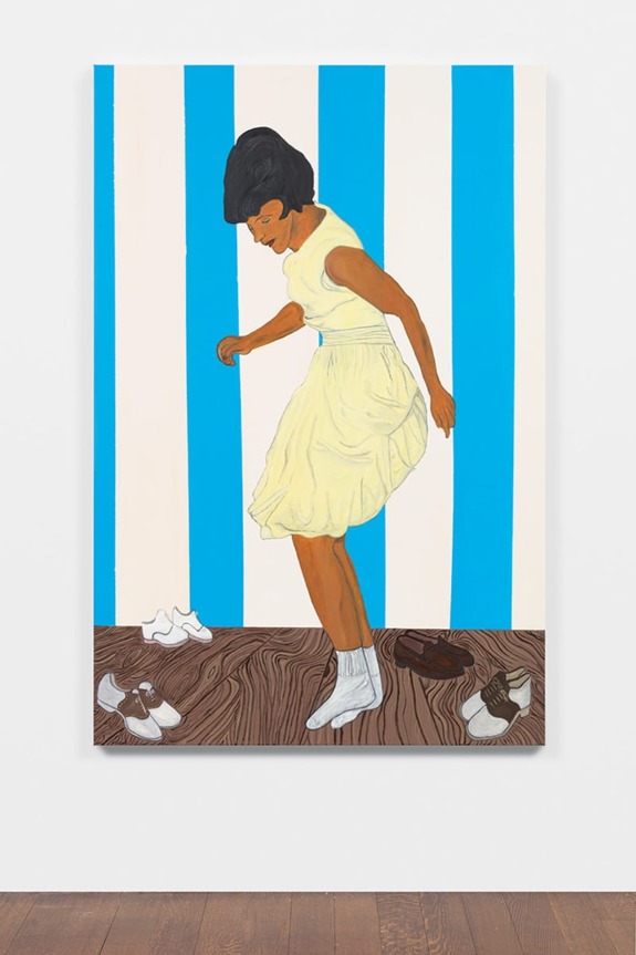 Painting of a woman in a yellow dress dancing on a wooden floor with blue and white striped background, surrounded by shoes.