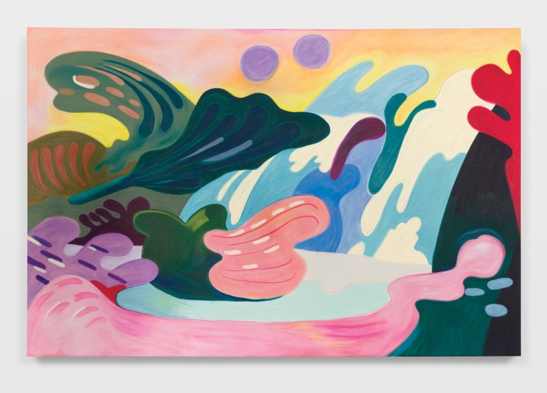 Colorful abstract painting with flowing shapes, bold curves, and vibrant colors including pink, green, blue, and yellow.