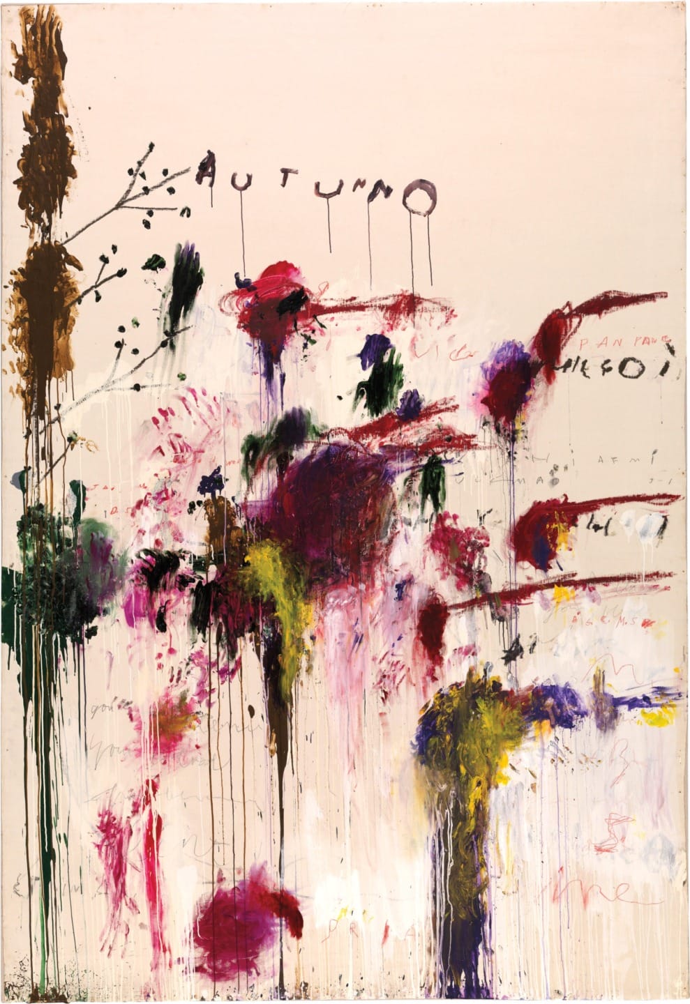 Abstract painting with bold brushstrokes, splashes of color, and the word "AUTUMNO" at the top against a white background.