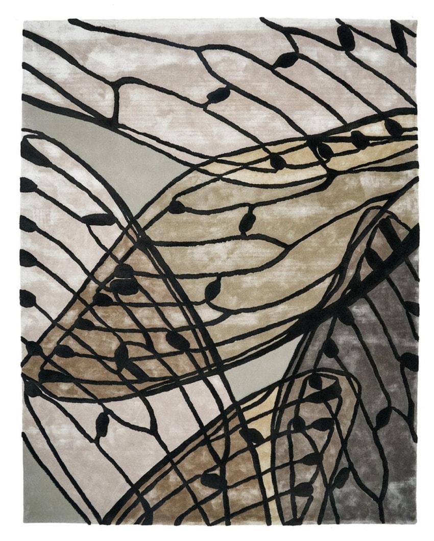 Abstract artwork with overlapping leaf-like patterns in shades of brown, black, and beige.
