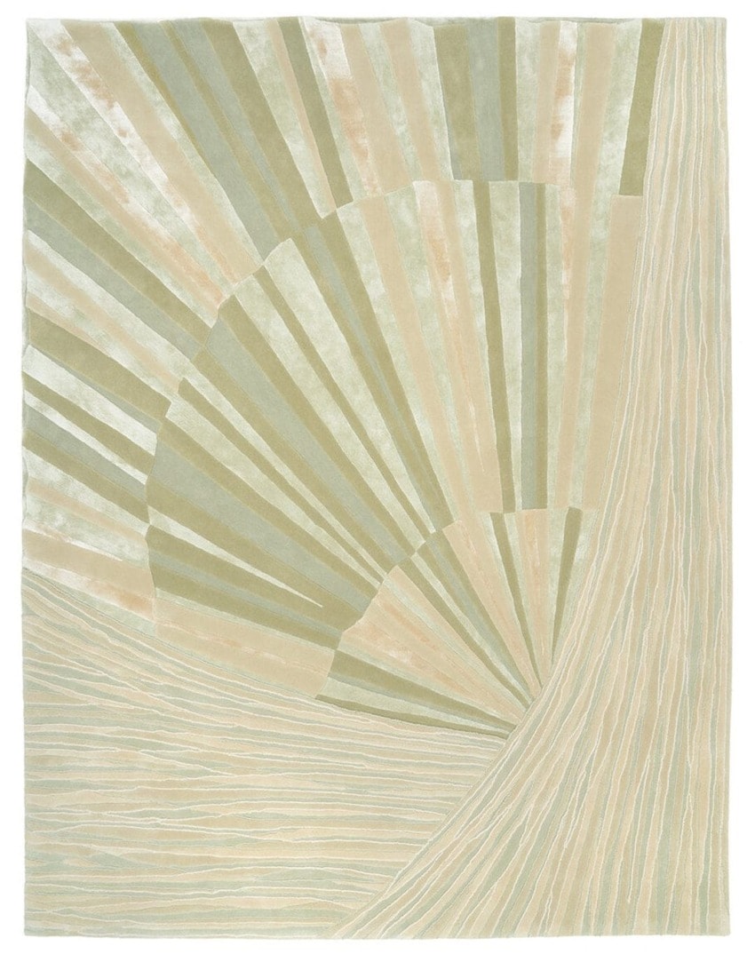 Abstract artwork with curved and straight lines in muted beige and green tones, forming a radial pattern resembling a fan.