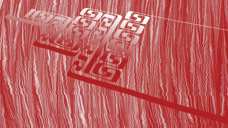 red and white abstract digital pattern with interlocking geometric shapes and vertical lines