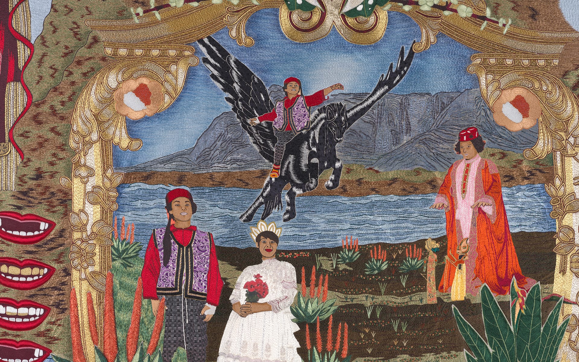 Colorful tapestry depicting a child on a flying creature, surrounded by people in traditional attire and elaborate landscape.