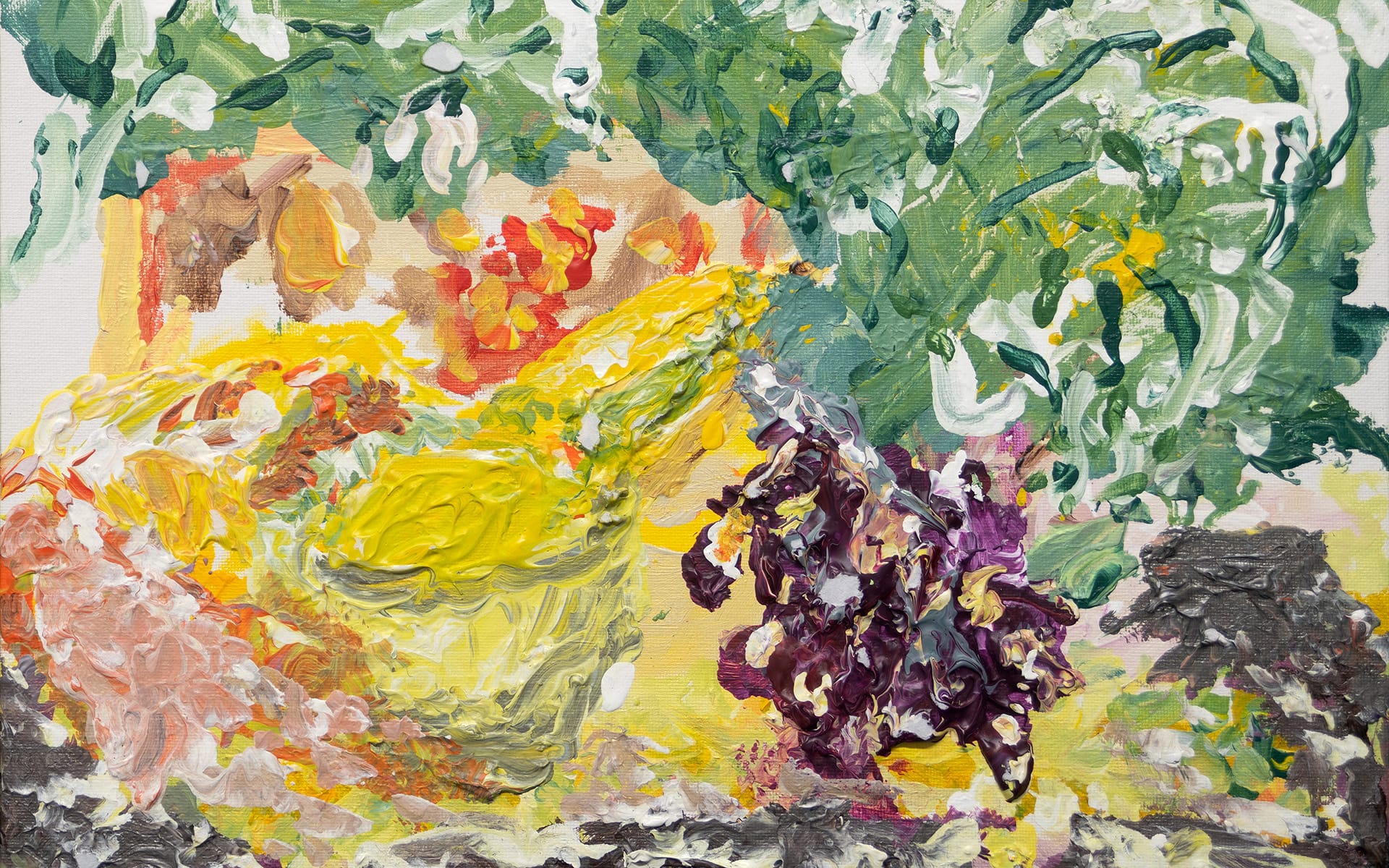 Abstract painting with vibrant yellow, purple, and green brushstrokes creating a textured and colorful composition.