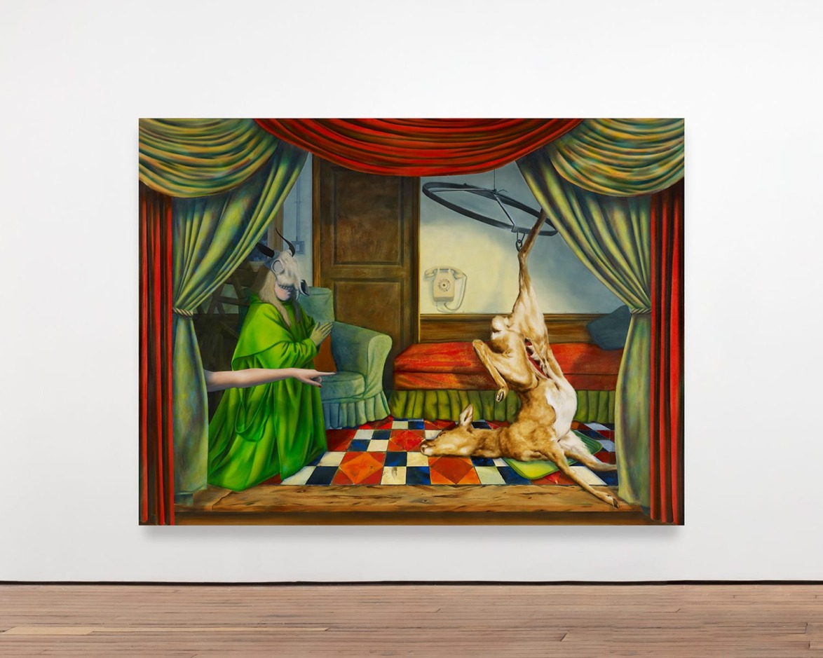 Surreal painting of a goat-headed figure in green and a suspended deer on a colorful checkered floor with draped curtains.