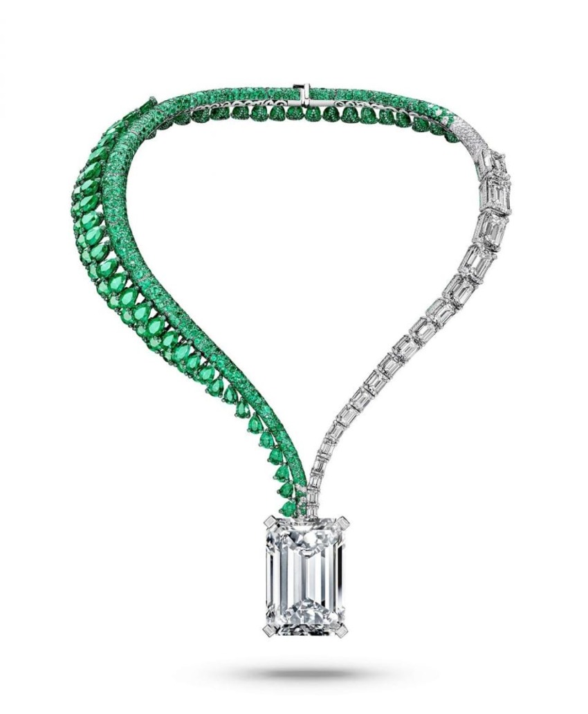 “Art of de Grisogono, Creation 1,” an unusual name for an asymmetric diamond and emerald necklace centered with the world’s largest flawless D-color diamond ever to come to auction, at 163.41 carats.