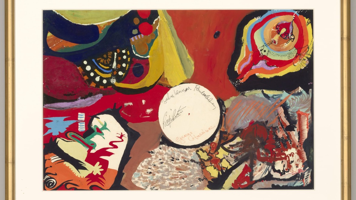 Colorful abstract painting with various shapes and patterns, featuring a round white paper in the center with handwriting.
