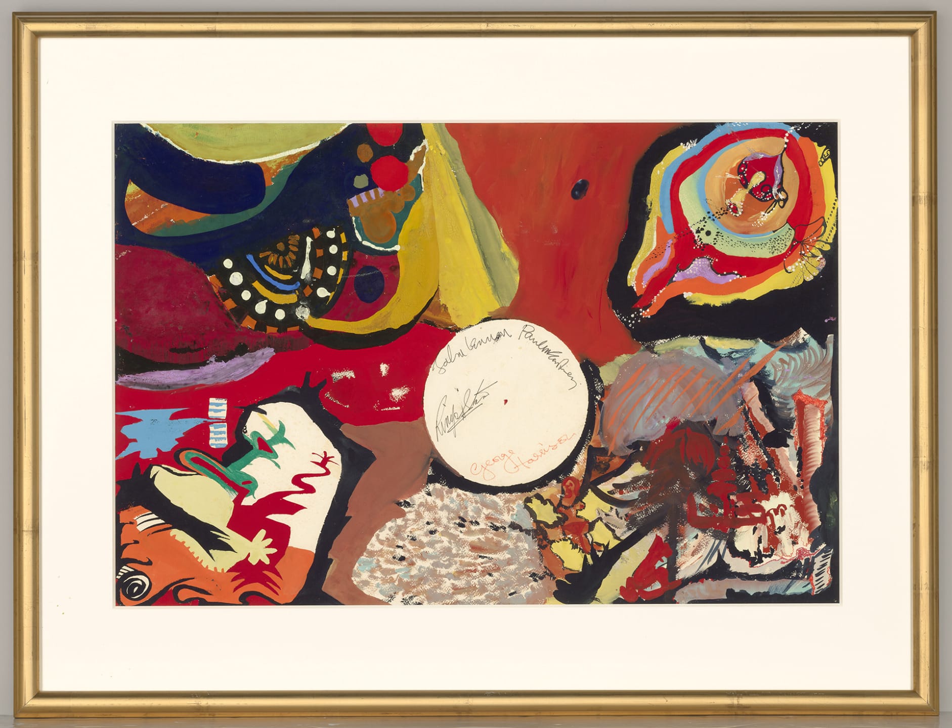 Colorful abstract painting with various shapes and patterns, featuring a round white paper in the center with handwriting.