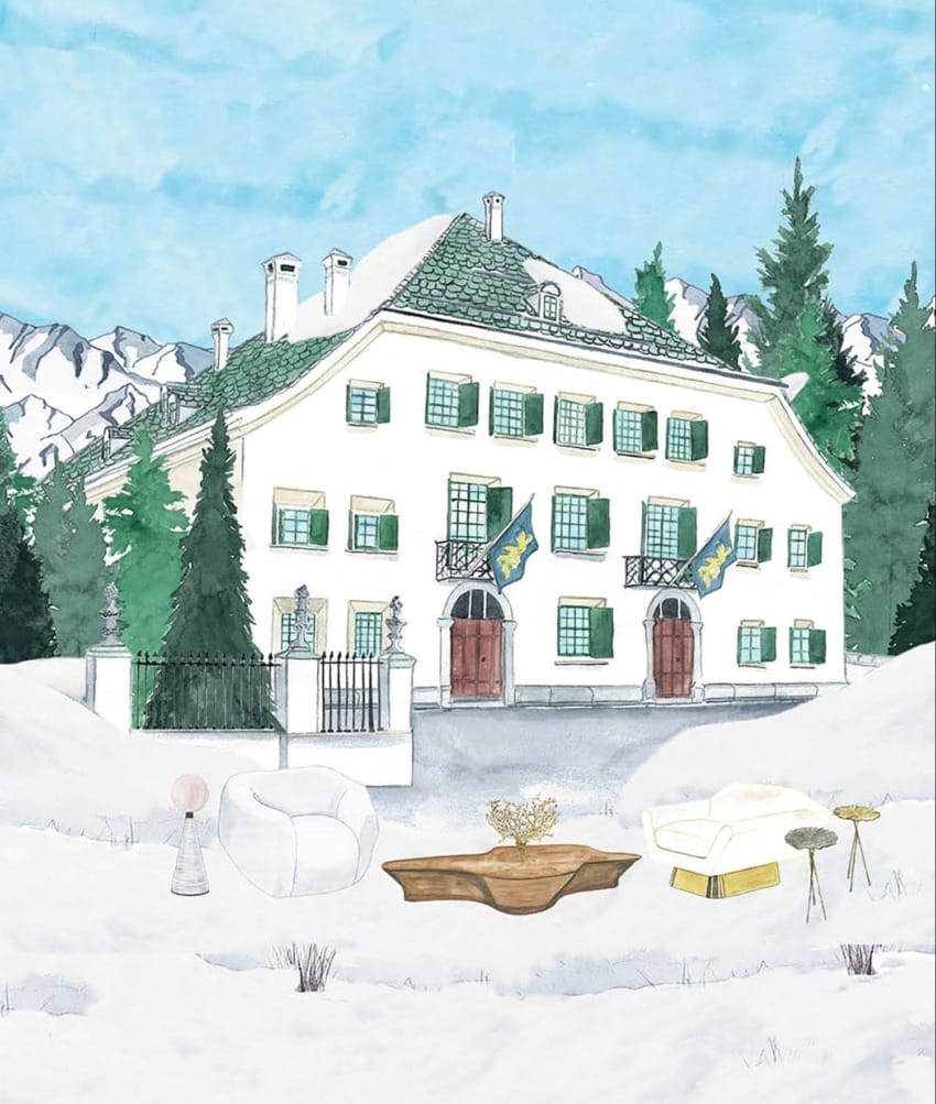 Illustrated mansion with green roof, surrounded by snow-covered landscape and mountains, featuring outdoor furniture in foreground.