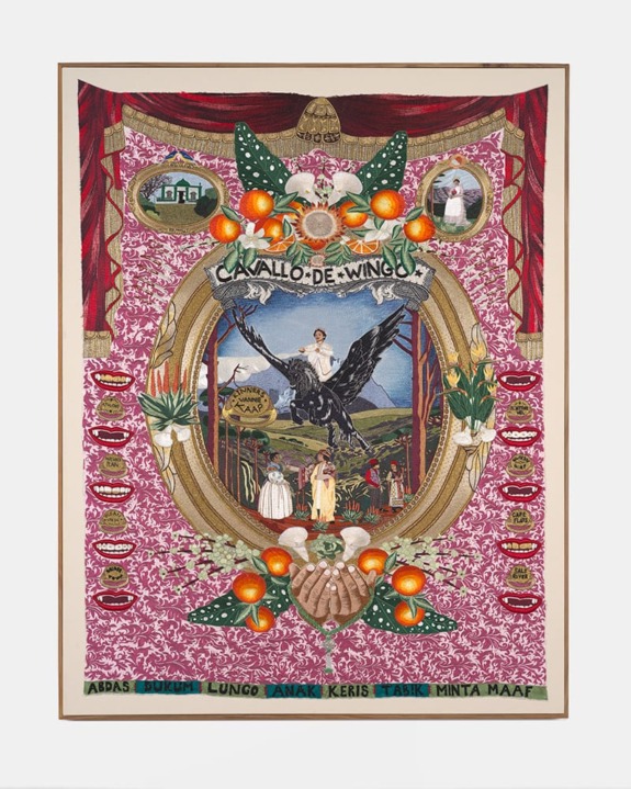 Colorful artwork with a central vintage-style illustration, floral patterns, and text reading "Cavallo-de-wing".