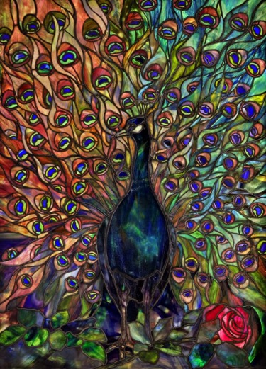 Stained glass artwork of a peacock with vibrant feathers and a red rose at the bottom.