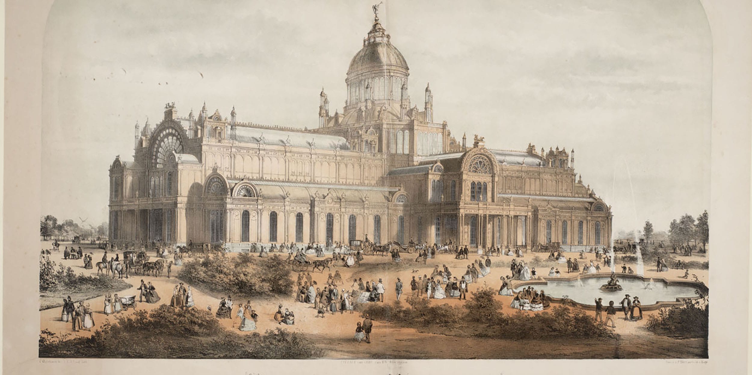 Illustration of a grand historical building with a large dome and people gathered around a fountain in the foreground.