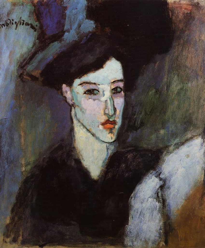 Portrait painting in expressionist style featuring a person with a serious expression against a dark, abstract background.