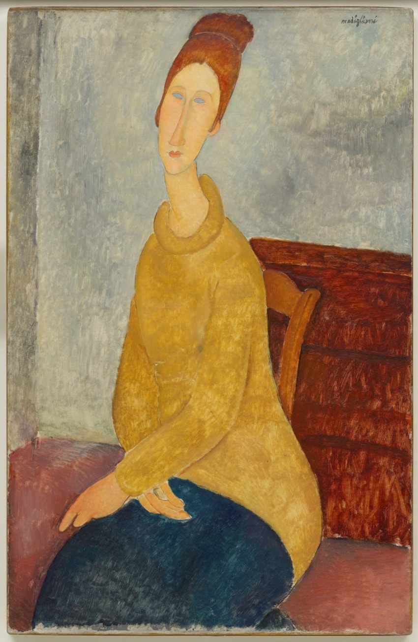 Portrait of a seated woman with elongated face and neck, wearing a yellow sweater, painted in an abstract style.