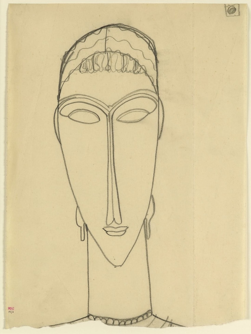 Sketch of a stylized face with elongated features, earrings, and a headband on a plain background.