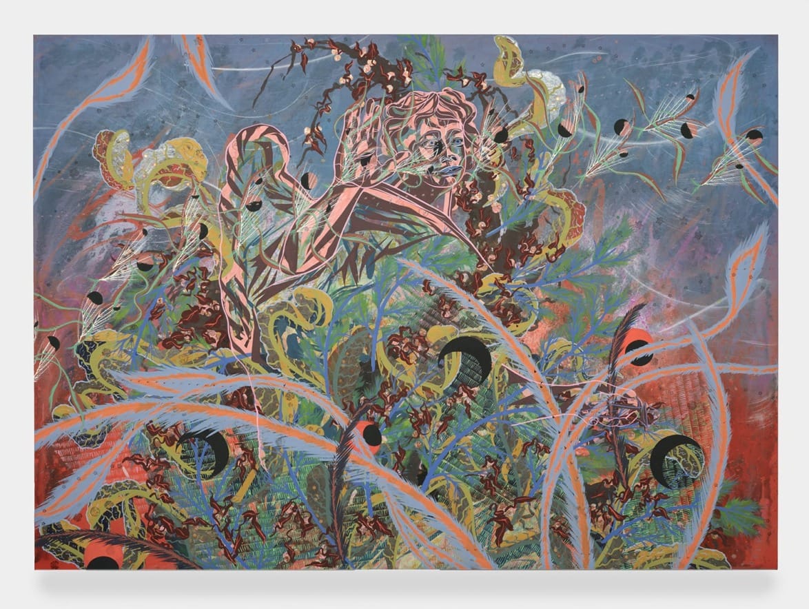 Colorful abstract painting with swirling lines and organic shapes on a vibrant background.