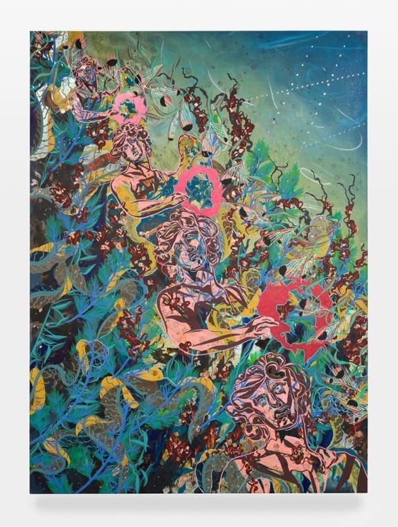 Colorful abstract painting with intertwined figures and plants against a vibrant background with celestial elements