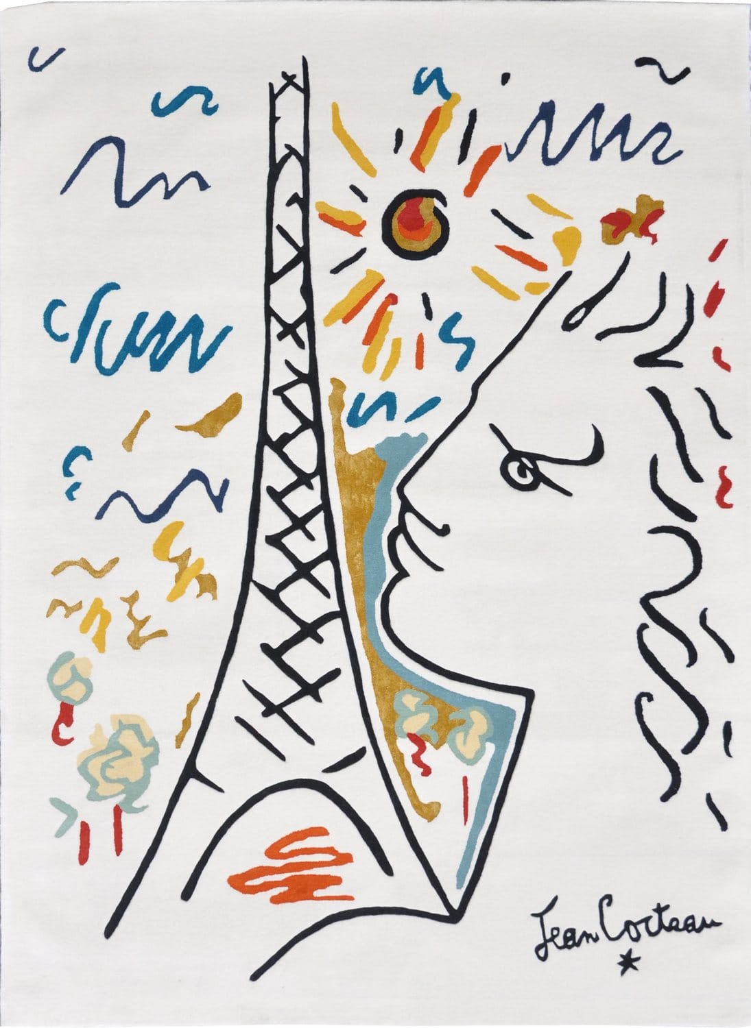 Illustration of Eiffel Tower with abstract face profile and sun, colorful lines in the background, by Jean Cocteau.