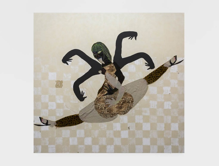 Artistic depiction of a dancer with multiple arms in a dynamic pose, featuring patterned clothing and a checkered background.