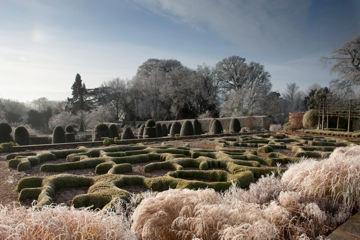 Frost-covered garden with neatly trimmed hedges and tall trees in the background under a cloudy sky.