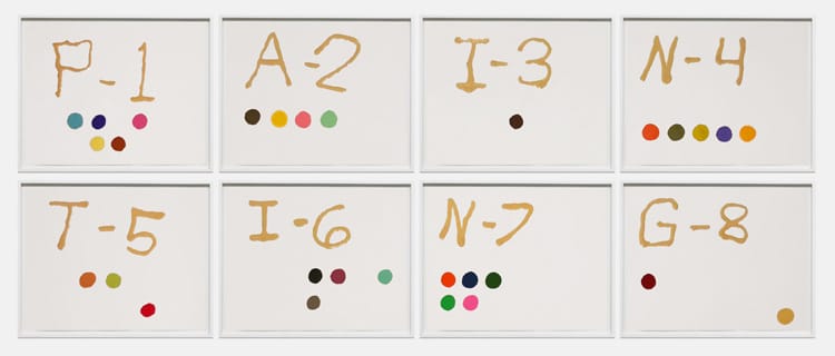 Eight abstract artworks with letters, numbers, and colored dots on white backgrounds.