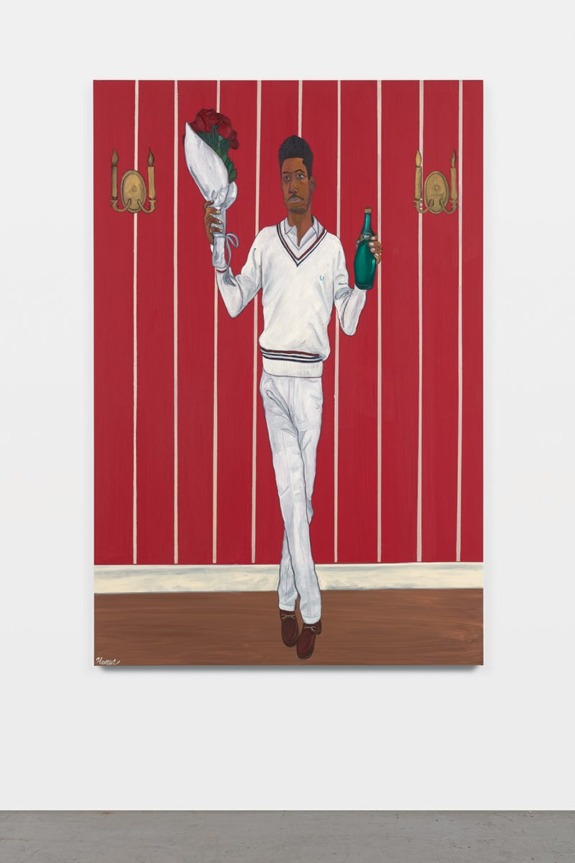 Painting of a man in white holding red roses and a green bottle against a red-striped background with wall sconces.