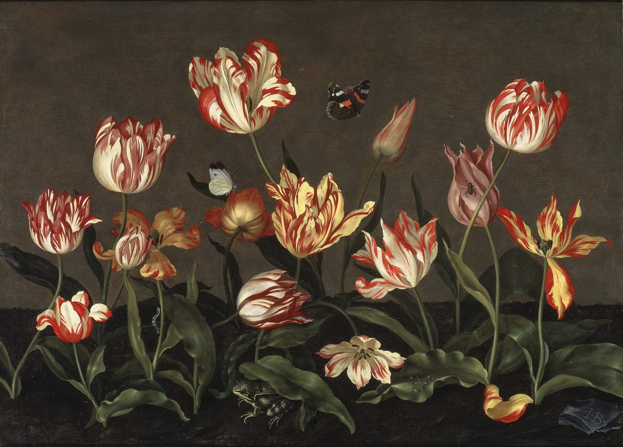 Still life of vibrant tulips and butterflies against a dark background in a classic floral arrangement painting.