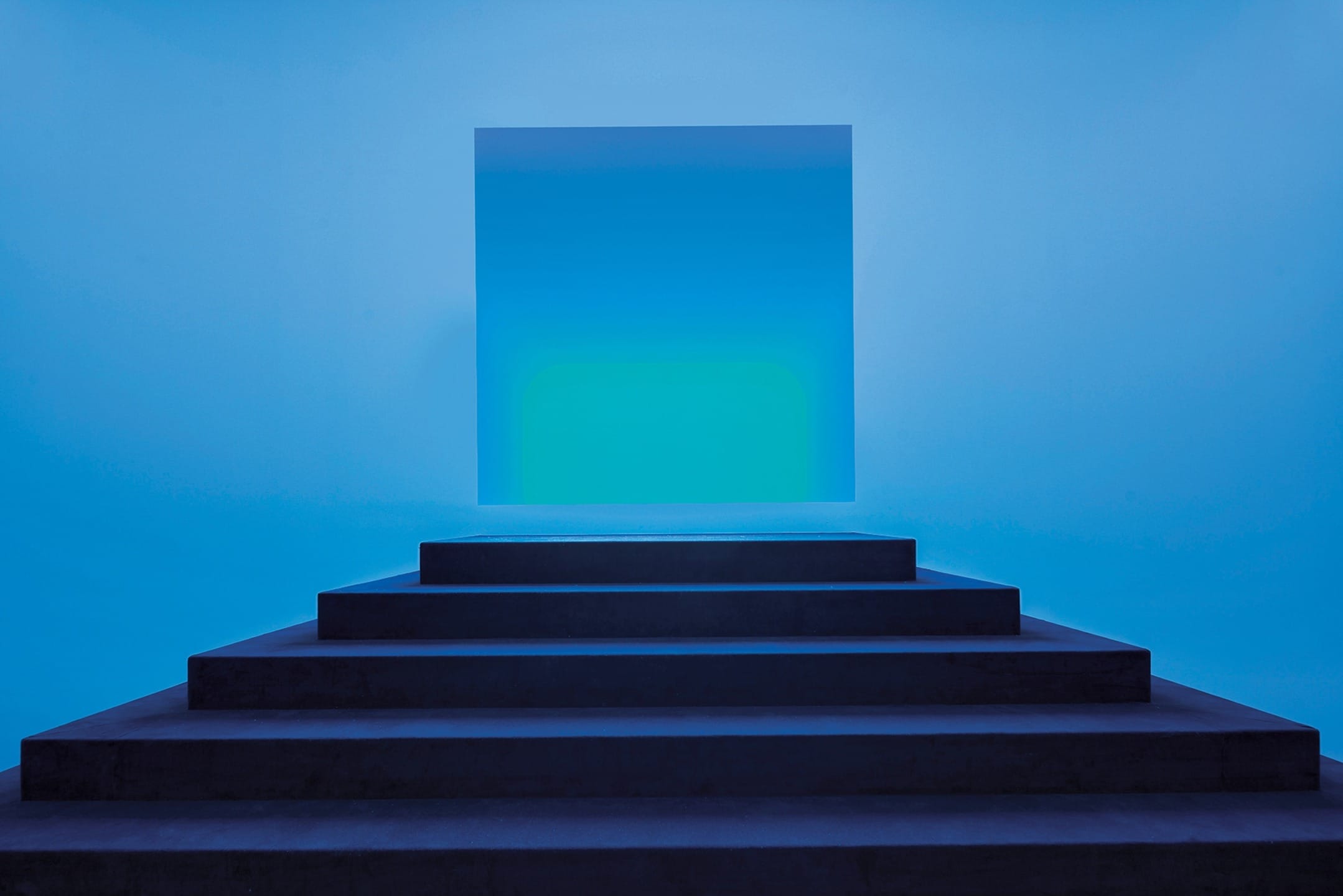 Abstract blue and black gradient artwork with steps leading to a square, creating a sense of depth and illusion.