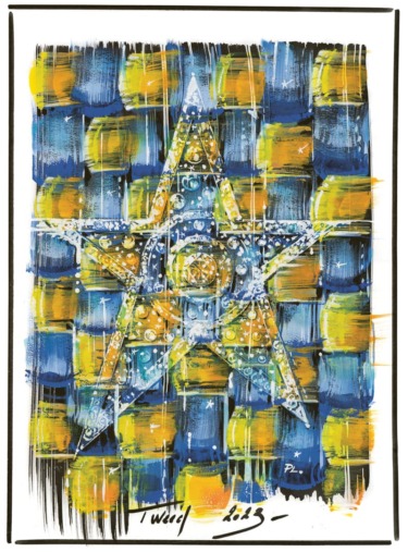Abstract painting featuring a large, intricate star with a woven pattern in vibrant blue, yellow, and white hues.