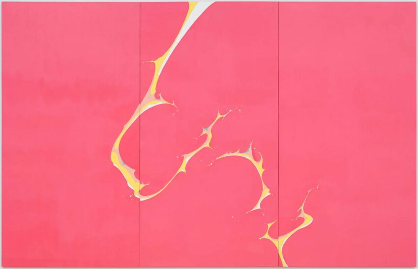 Abstract art piece with flowing yellow brushstrokes on a vibrant pink background displayed in three panels