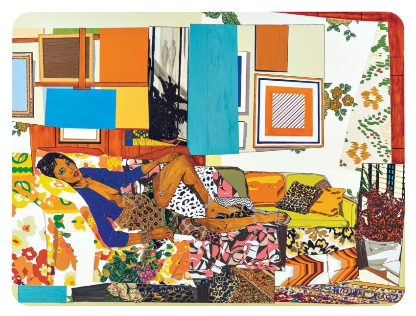 Colorful collage of a woman lounging on a vibrant couch surrounded by patterned fabrics and framed art.