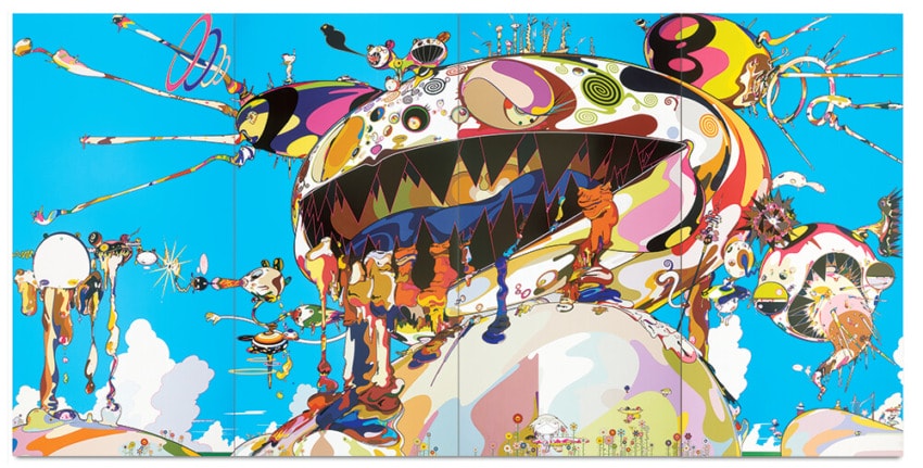 Colorful abstract art featuring a large, fantastical creature with vibrant patterns and a wide mouth on a bright blue background.