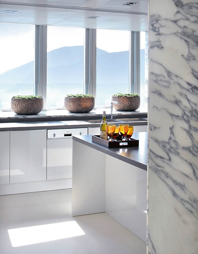 Modern kitchen with marble accents, large windows, mountain view, potted plants, and a tray with glasses and a bottle.